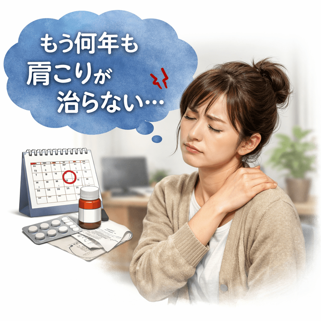 西梅田で肩こりが治らず悩んでいる女性のイメージ
